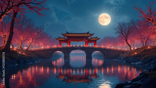 Serene Moonlit Bridge in Cherry Blossom Garden - Night scenes