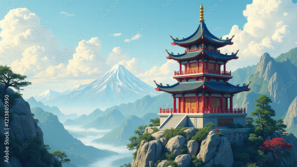 Obraz premium Serene Pagoda Mountain Landscape Illustration - Minimalist illustr.