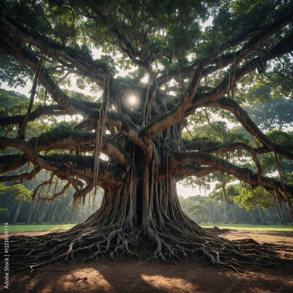 .A giant banyan tree with its roots draping down to the ground under a bright sky. .A giant banyan tree with its roots draping down to the ground under a bright sky.
