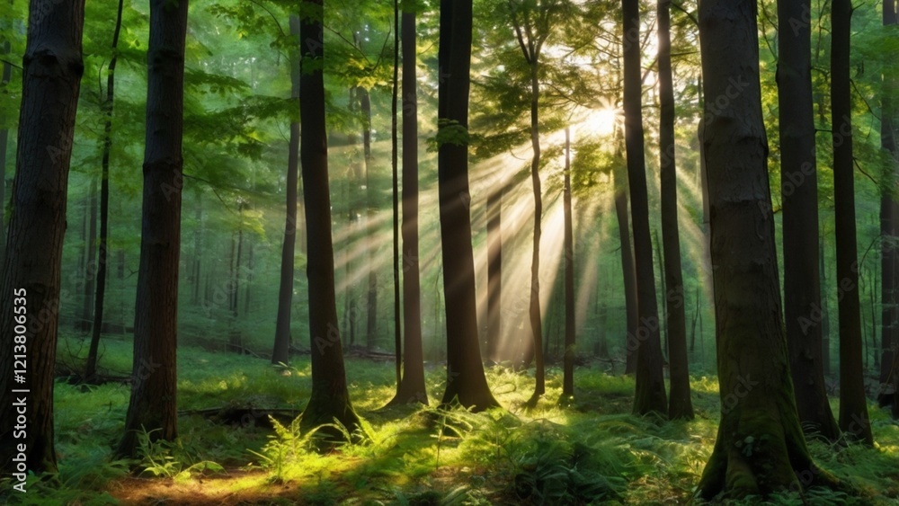 Fototapeta premium Beautiful rays of sunlight in a green forest. Sunlight streaming through trees in a lush green forest, creating magical rays in the misty air