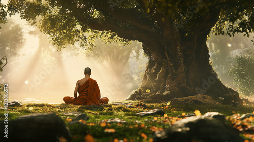 Magha Puja day, a monk meditating under Bodhi tree photo