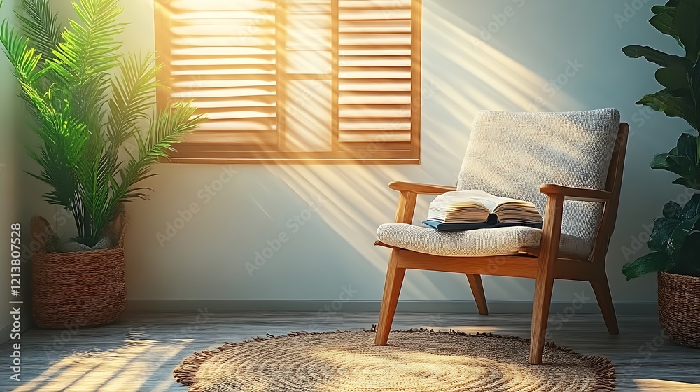 Sunlit Room Featuring Armchair Book And Plants