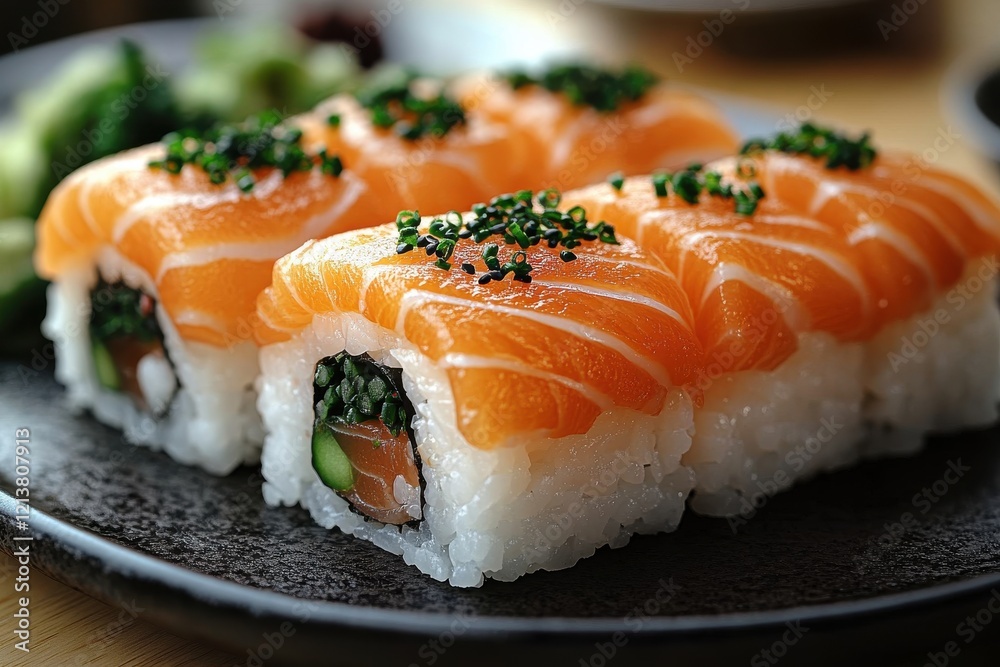 Close-Up of Sushi Rolls with Salmon and Chives on a Dark Plate Close-Up of Sushi Rolls with Salmon and Chives on a Dark Plate