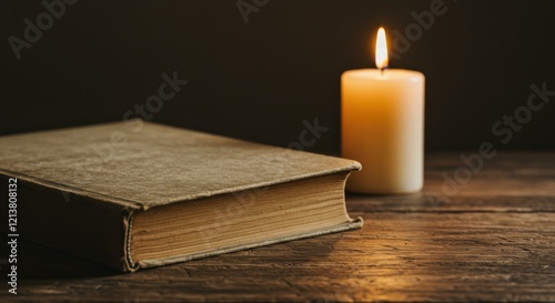 Worn paperback book with dog-eared pages and candle.
