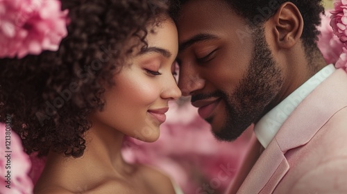 A man and woman are embracing each other in a pink field of flowers. Generative AI