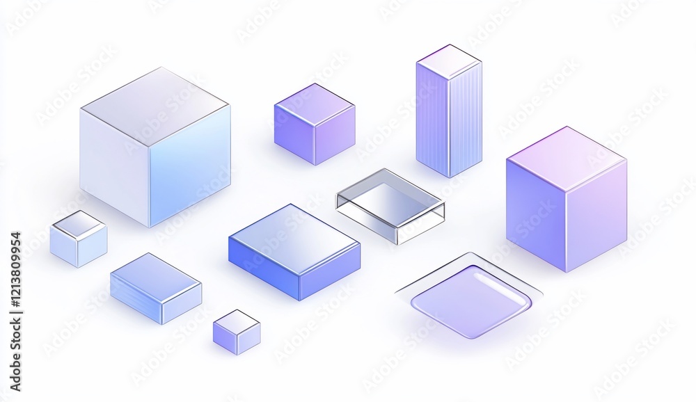 Obraz premium Isometric illustration of various sized cubes and rectangular prisms in shades of blue and purple.
