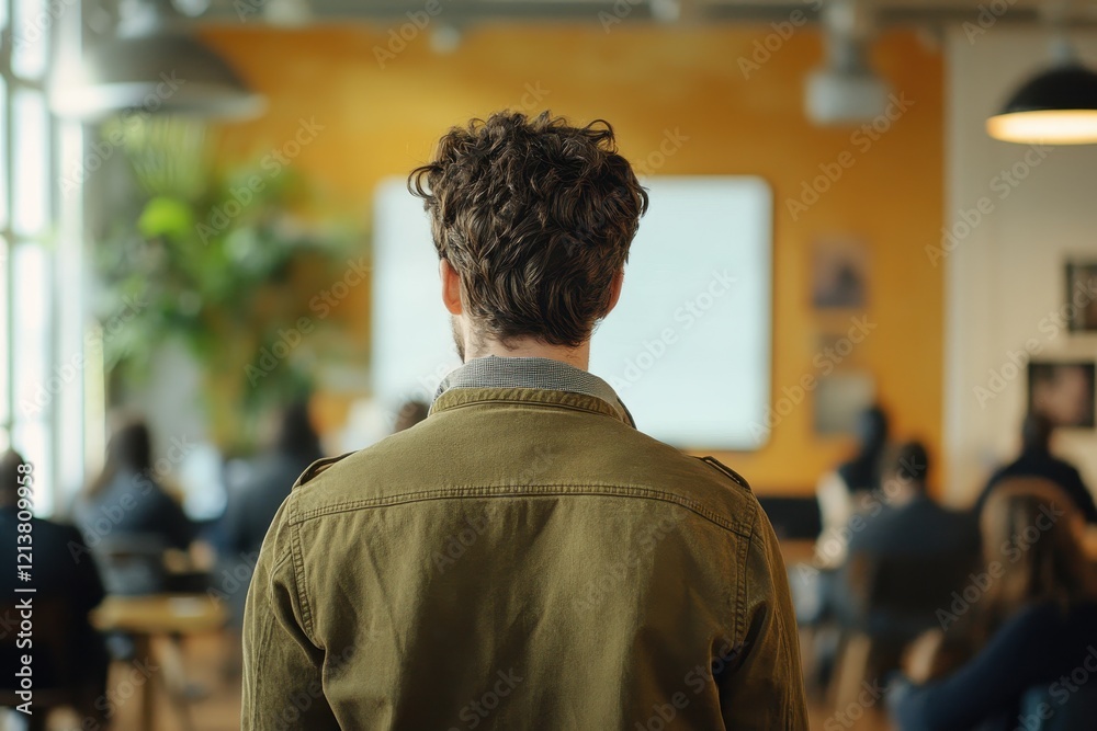 Fototapeta premium Man with curly hair, back view, olive jacket. Perfect for illustrating concepts of presentations, lectures, or workshops.