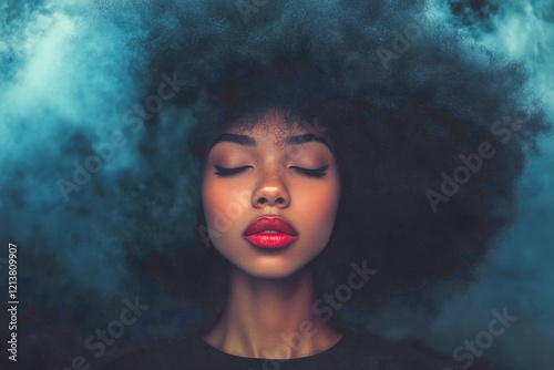 Long hairdo - afro hair. Pretty calm black girl - for ads, poster and internet use. Commercial promotion creative. Creative african portrait concepts. Chic advertising portraits.