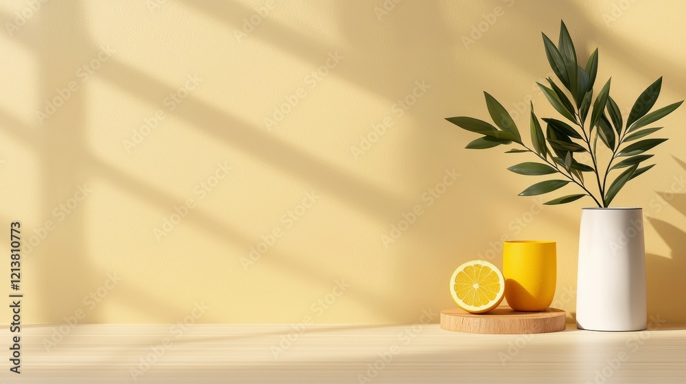 Serene Minimalist Still Life with Lemon, Yellow Cup and Plant in Sunlight Serene Minimalist Still Life with Lemon, Yellow Cup and Plant in Sunlight
