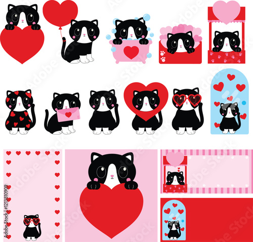 black and white cat, Valentine’s kitty, monochrome cat illustration, romantic feline art, cat with hearts, black and white kitten, love-themed cat drawing, cat holding heart, heart balloon kitty