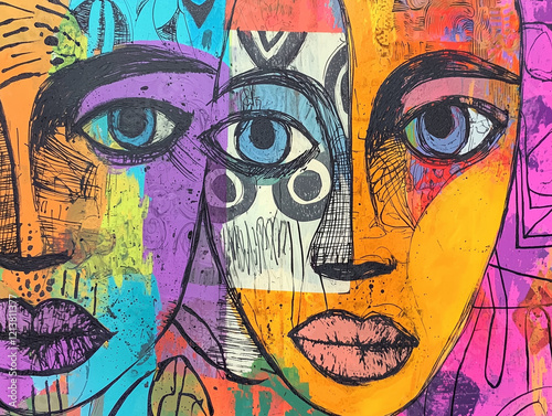 Moto boho-inspired doodles featuring abstract female faces blended with bold geometric patterns 