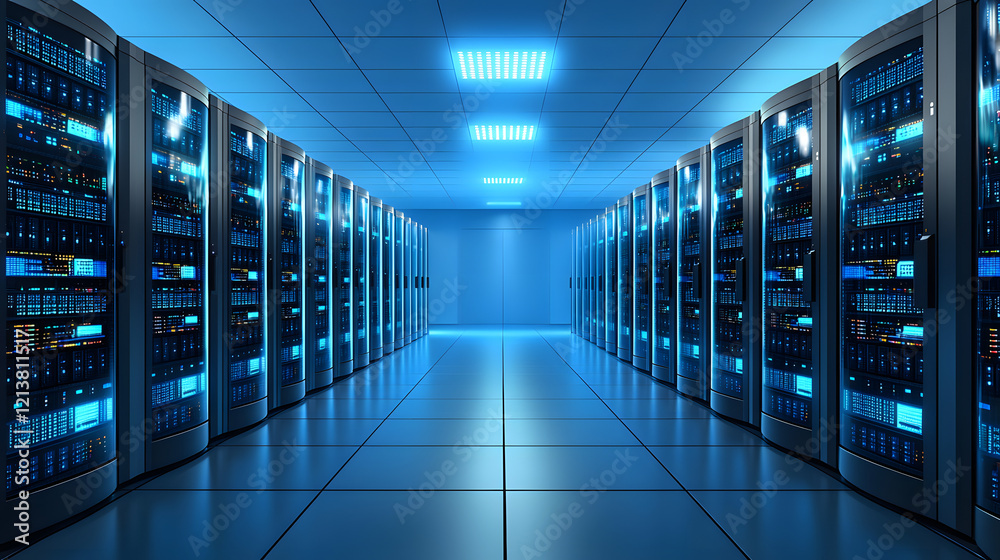 Fototapeta premium Long row of servers in a data center with blinking lights and cables