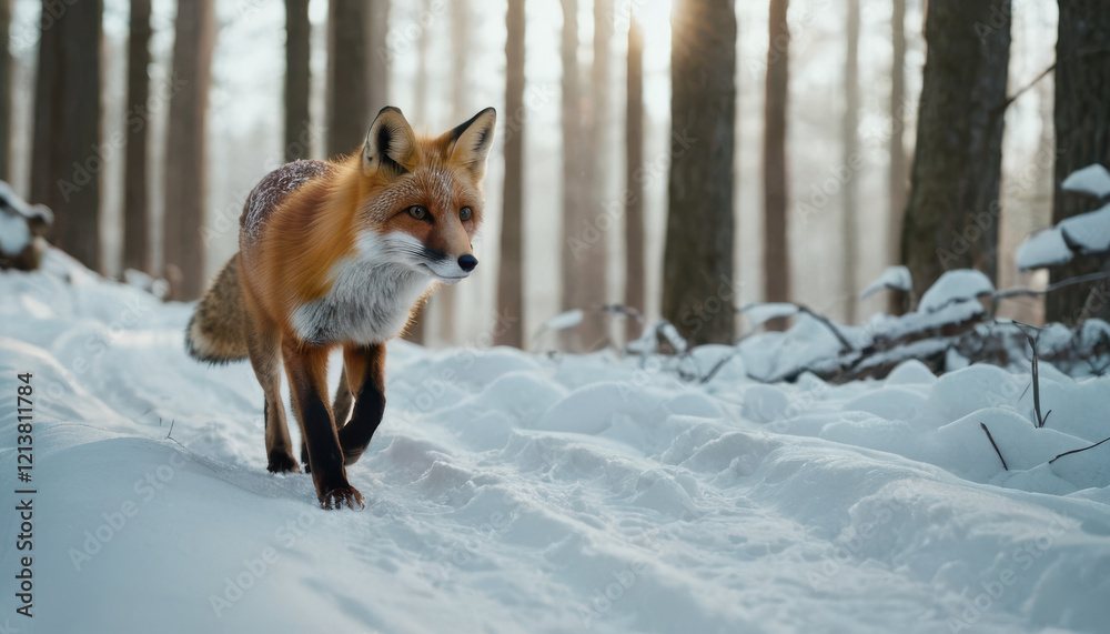 Obraz premium Red fox mid-stride on snowy forest path with delicate pawprints and crisp lighting