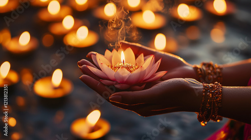 Hands of a devotee holding a lotus flower, background of burning candles and incense,  photo