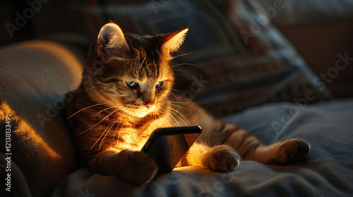 Cute cat playing while holding a smartphone and sitting on a sofa