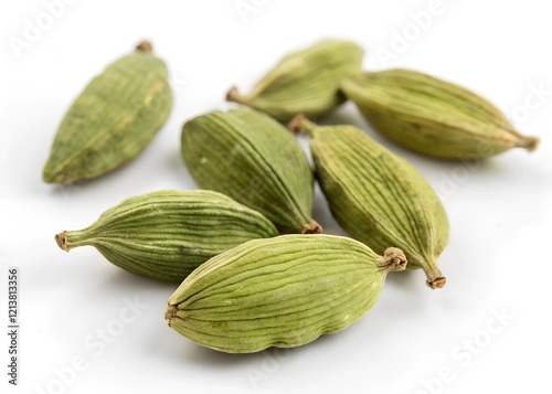 Wallpaper Mural Green cardamom pods and seeds isolated on a white background. Dried cardamom spice.
 Torontodigital.ca