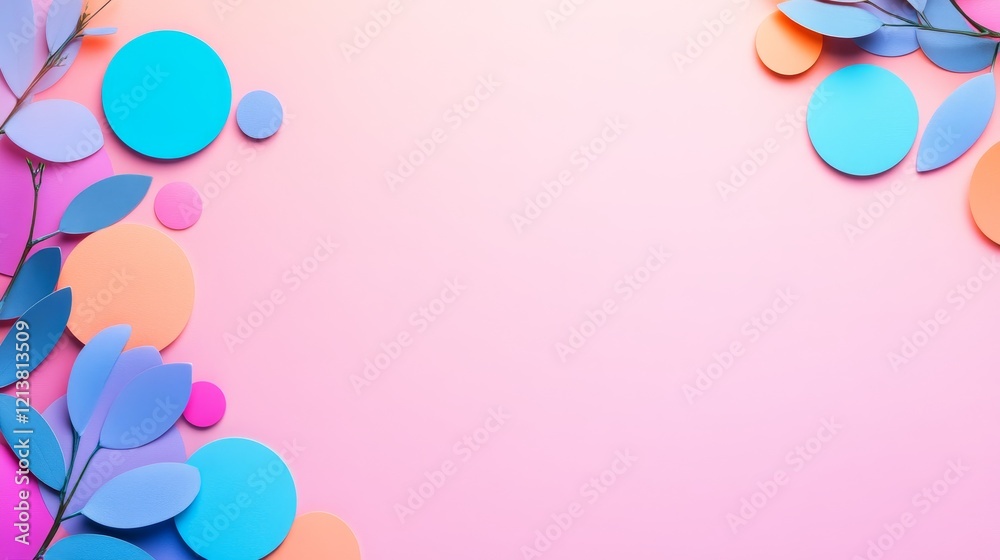 Colorful paper cutouts of leaves and circles on a soft pink background creating a vibrant design Colorful paper cutouts of leaves and circles on a soft pink background creating a vibrant design
