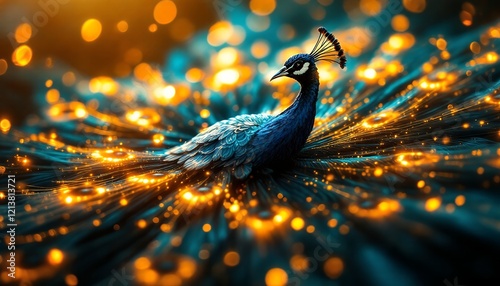 Majestic Peacock: A Golden-Lit Dreamy Portrait photo