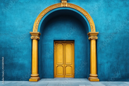 Vintage arched doorway with closed wooden door, blue stucco wall facade, symmetrical architecture background for design
