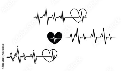 Black heartbeat line collection with heart symbol, cardiology, medical pulse, ECG, EKG design, healthcare clipart vector illustration, health monitoring, digital heartbeat graphics