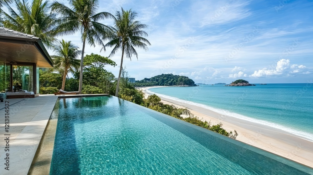 Fototapeta premium Scenic Infinity Pool Overlooking Beautiful Tropical Beach Landscape