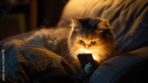 Cute cat playing while holding a smartphone and sitting on a sofa