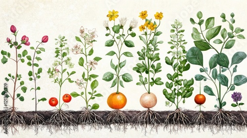 Fototapeta Naklejka Na Ścianę i Meble -  Botanical Illustration: A Watercolor Depiction of Diverse Plants and Their Root Systems, Showcasing Nature's Beauty and Complexity.