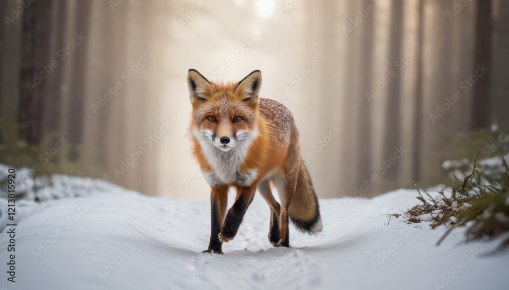 Red fox mid-stride on snowy forest path with delicate pawprints and crisp lighting Red fox mid-stride on snowy forest path with delicate pawprints and crisp lighting