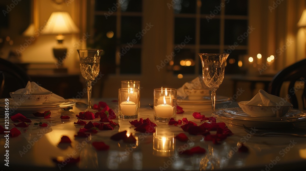 Romantic Dinner Setting with Candles and Rose Petals in Soft Lighting Romantic Dinner Setting with Candles and Rose Petals in Soft Lighting