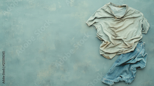 Dirty Clothes on Dusty Surface: A crumpled beige t-shirt and a pair of faded denim shorts lie haphazardly on a textured, dusty teal surface.  The image evokes a sense of casualness and worn comfort.  photo