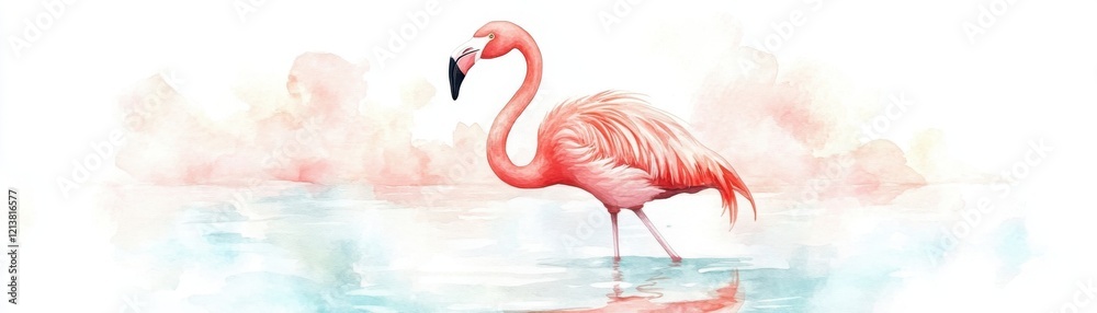 Fototapeta premium A beautiful pink flamingo elegantly standing in serene water, surrounded by soft pastel clouds, capturing the grace of wildlife in nature.