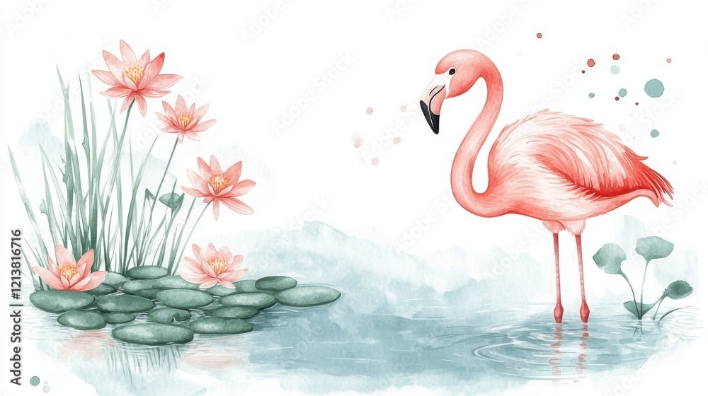 Obraz premium A beautiful pink flamingo stands gracefully by serene water lilies, embodying tranquility and elegance in a vibrant natural setting.