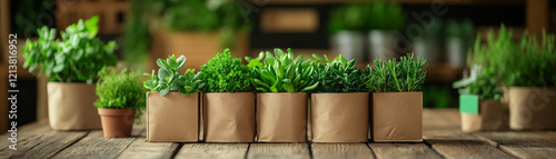 Global marketplace with eco-friendly products, close-up of green products