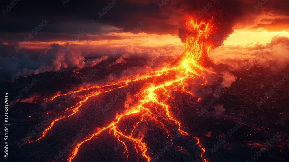 Fototapeta premium Fiery Volcanic Eruption: Aerial View of Lava Flow