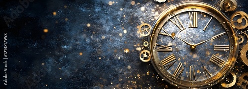 A 3D clock face with spinning gears and flying confetti, symbolizing the celebration of completing a work project