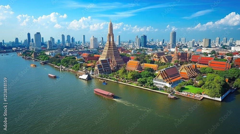 Naklejka premium Aerial View of Bangkok with Wat Arun and City Skyline in Daylight