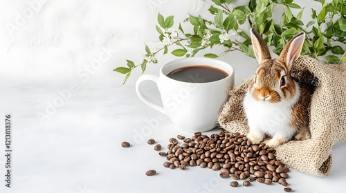 Wallpaper Mural Cute rabbit with coffee cup and coffee beans on a white table with green leaves in the background Torontodigital.ca