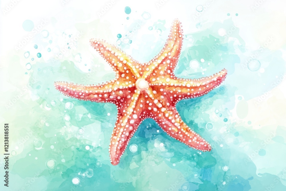 A vibrant watercolor illustration of a starfish against a soft, colorful background. Perfect for ocean-themed designs and marine life projects.
