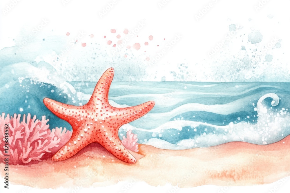 A vibrant watercolor illustration of a starfish resting on sandy shores near coral reefs and gentle ocean waves, capturing the essence of marine beauty. A vibrant watercolor illustration of a starfish resting on sandy shores near coral reefs and gentle ocean waves, capturing the essence of marine beauty.