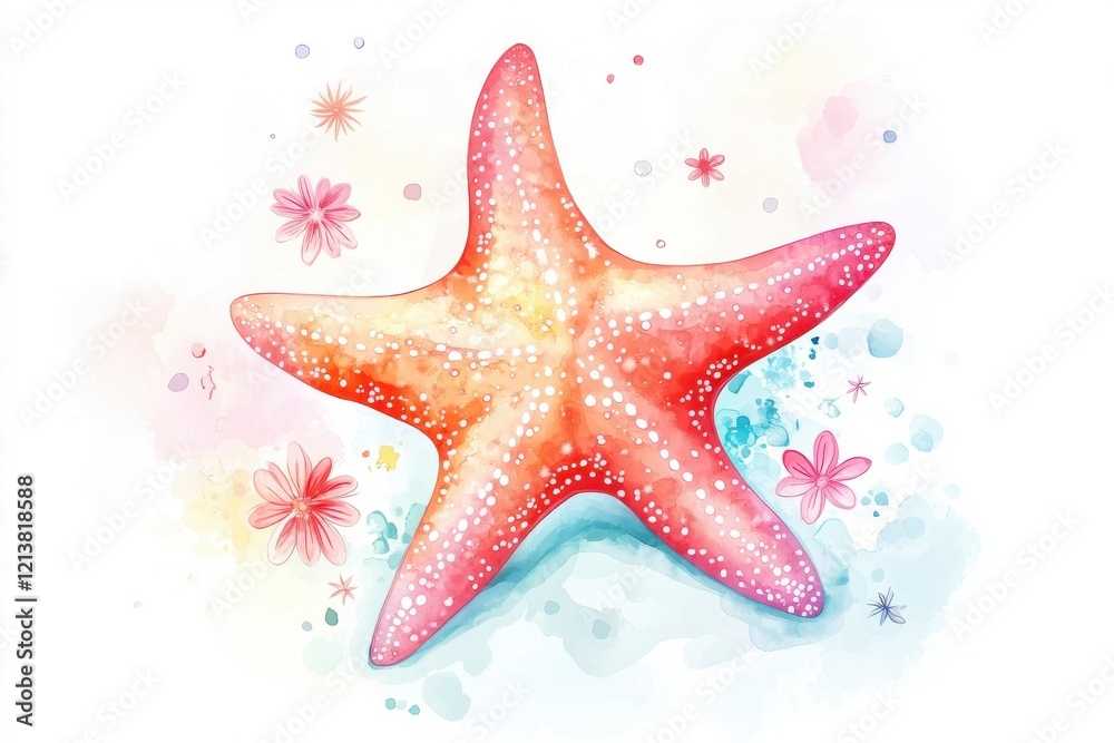 A vibrant watercolor illustration of a starfish surrounded by soft, colorful blooms, evoking a sense of tranquility and marine beauty. A vibrant watercolor illustration of a starfish surrounded by soft, colorful blooms, evoking a sense of tranquility and marine beauty.