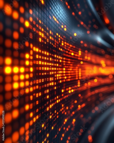 Abstract digital data stream, glowing orange dots, technology background.