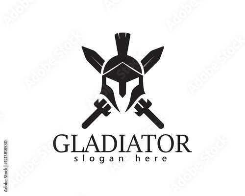 creative sparta helmet with crossed swords behind, logo design