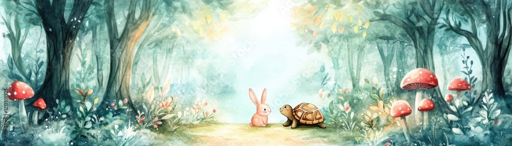 Obraz premium A whimsical scene in an enchanting forest featuring a rabbit and a turtle surrounded by vibrant mushrooms and lush greenery, capturing a serene atmosphere.