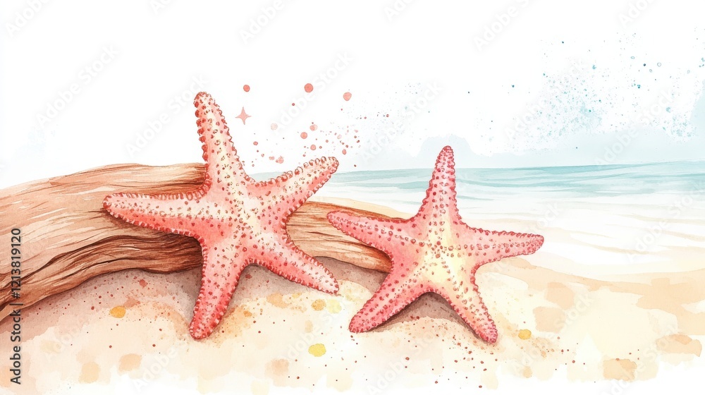 Two vibrant pink starfish resting on a wooden log by the serene beach, with gentle waves and a soft pastel sky in the background. Two vibrant pink starfish resting on a wooden log by the serene beach, with gentle waves and a soft pastel sky in the background.
