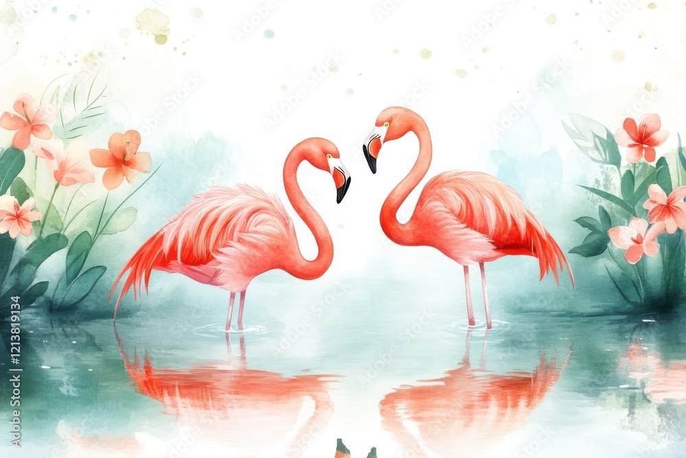 Obraz premium Two elegant flamingos stand gracefully by a serene pond, surrounded by vibrant flowers, capturing a moment of tranquility in nature's beauty.