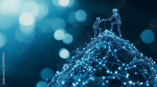 Reaching the Summit:  Abstract figures collaborate to reach the peak of a stylized mountain, symbolizing teamwork, innovation, and overcoming challenges in a digital landscape. 
