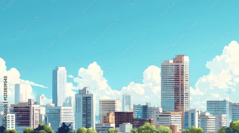 Bright and Cheerful City Skyline with Blue Sky and Fluffy Clouds Bright and Cheerful City Skyline with Blue Sky and Fluffy Clouds