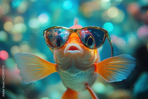 A Humorous Fish Sporting Sunglasses in a Studio Setting Perfect for Advertising and Creative Projects photo