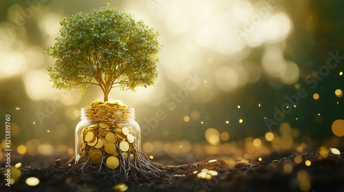 Growth and Prosperity: A vibrant green tree flourishing from a glass jar brimming with golden coins, symbolizing growth, investment, and financial abundance.