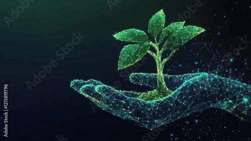 Abstract Digital Hands Protecting Sprout, Low Poly Wireframe Vector Illustration of Conservation, Flat Minimalist 3D Effect, Preservation of Nature, Environmental Protection, Growing Plant